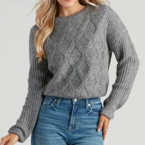 Windsor Cable Knit Vibes Crop Sweater XS soft heather grey long sleeves - Picture 14 of 14